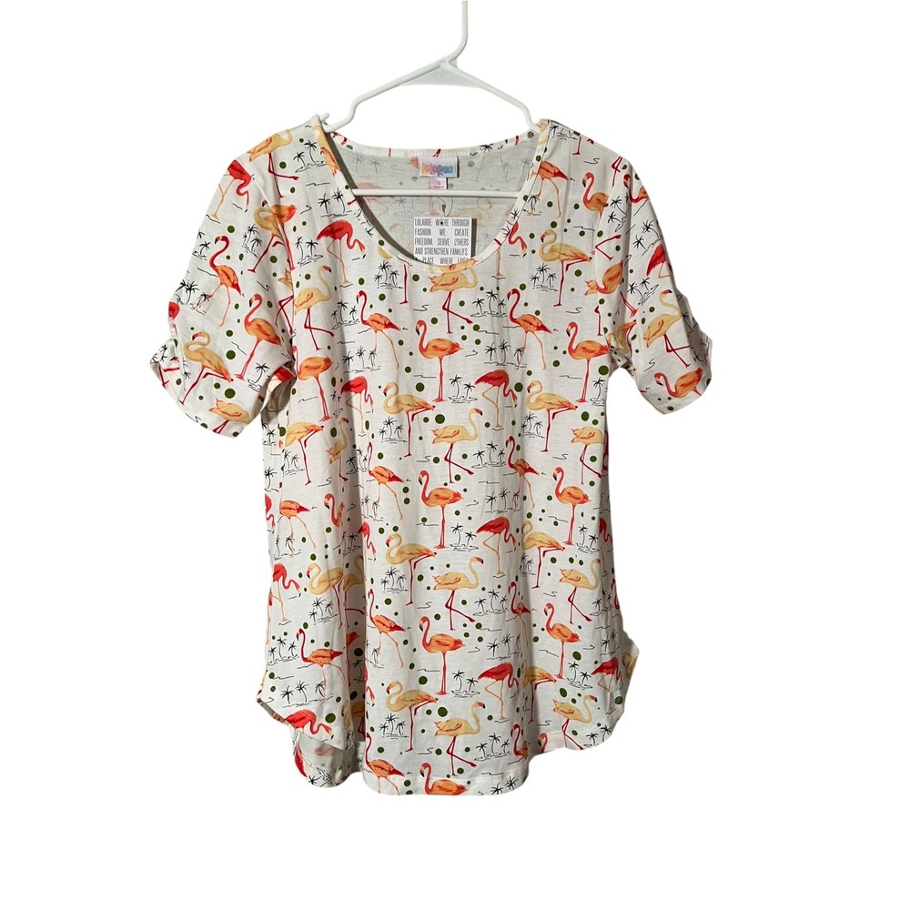 LulaRoe Women's Size Small Morgan Flare Tee T-Shirt White Pink Flamingo Novelty